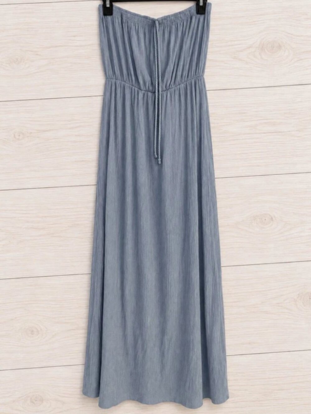 Ces Femme Women’s Blue Strapless Maxi Dress L Solid Drawstring Waist